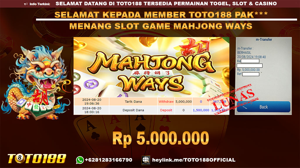 Bukti JP Kemenangan SLOT GAME MAHJONG WAYS 20 agust 24