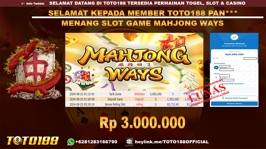 Bukti JP Kemenangan SLOT GAME MAHJONG WAYS 22 agust 24