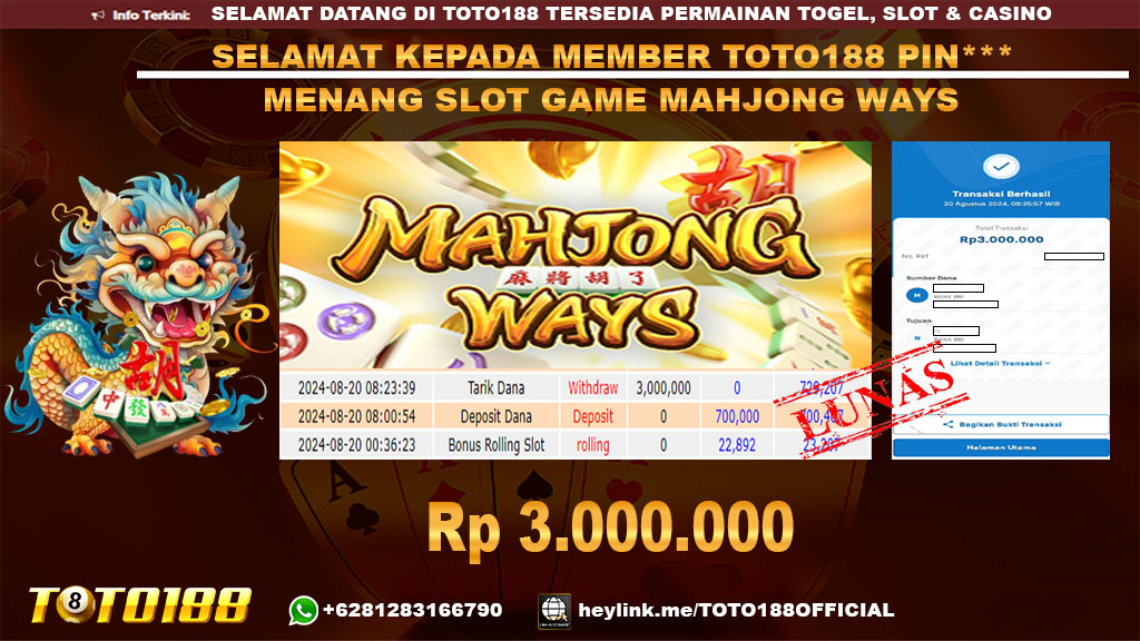 Bukti JP Kemenangan SLOT GAME MAHJONG WAYS 20 agust 24