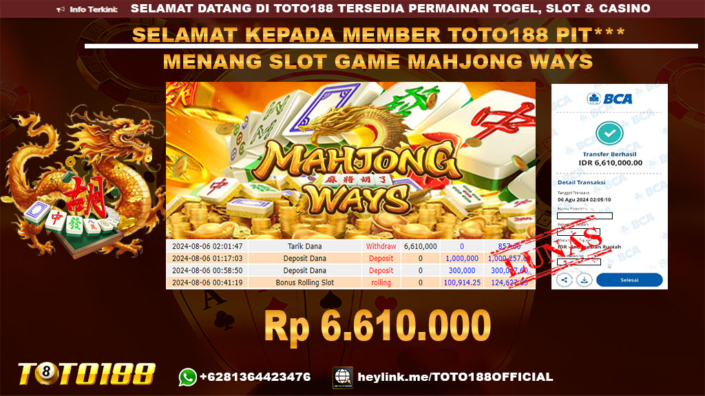 Bukti JP Kemenangan SLOT GAME MAHJONG WAYS 06 agust 24