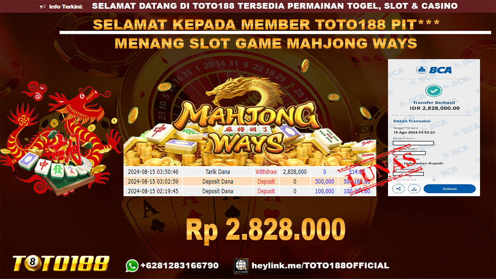 Bukti JP Kemenangan SLOT GAME MAHJONG WAYS 15 agust 24