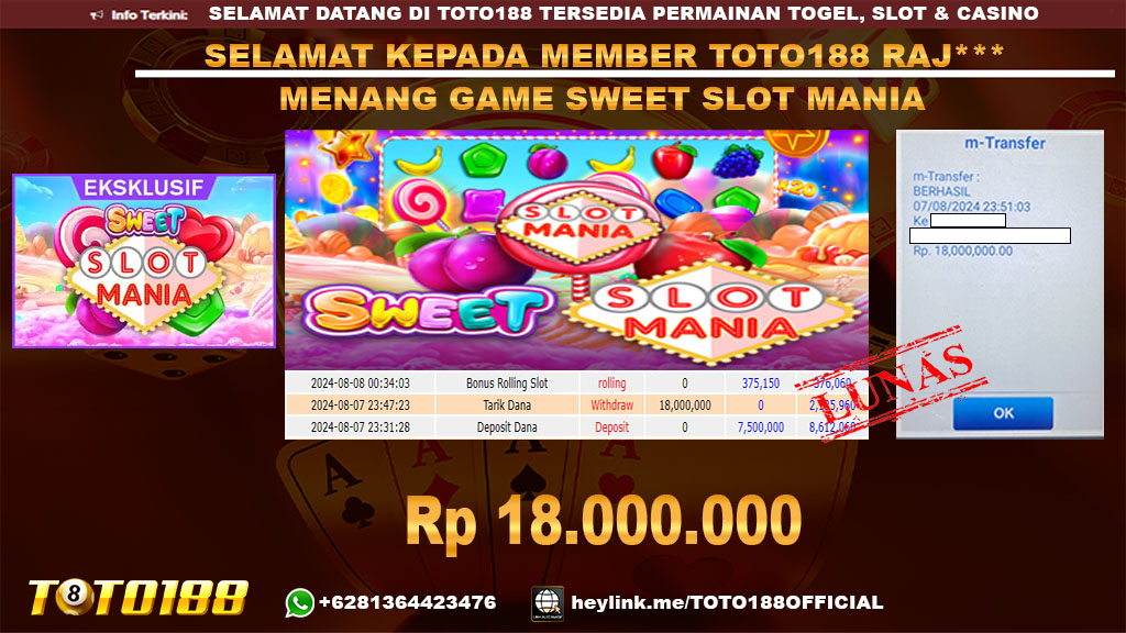 Bukti jp kemenangan game SWEET SLOT MANIA 07 Agust 2024