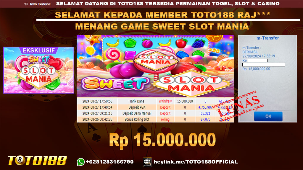 Bukti jp kemenangan game SWEET SLOT MANIA 27 Agust 2024