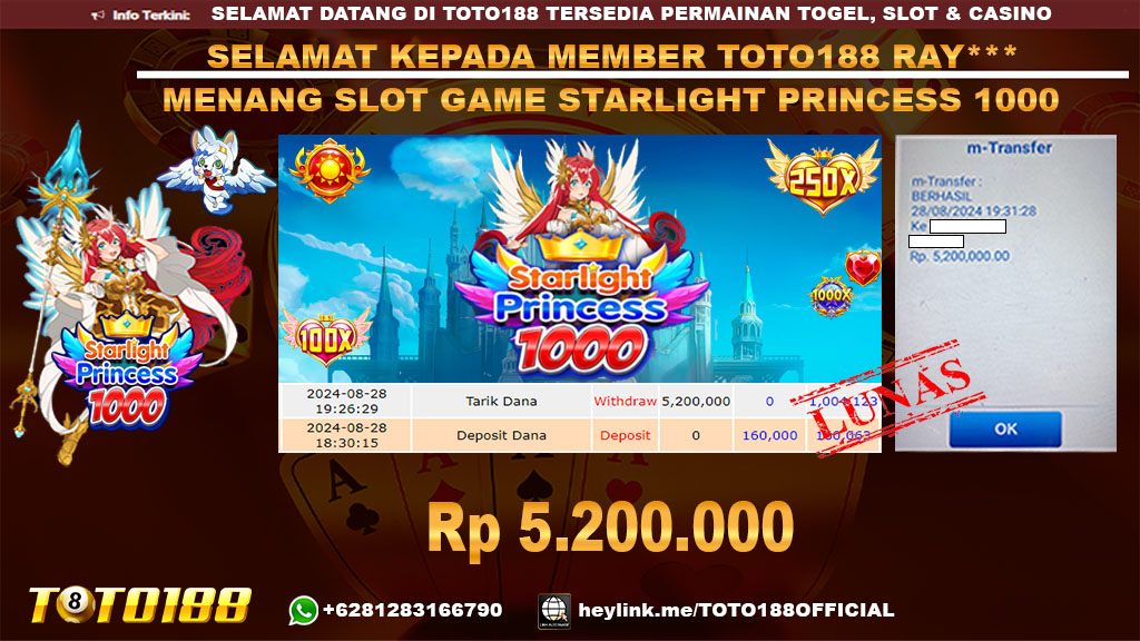 Bukti JP Kemenangan SLOT GAME STARLIGHT PRINCESS 1000 28 agust 24