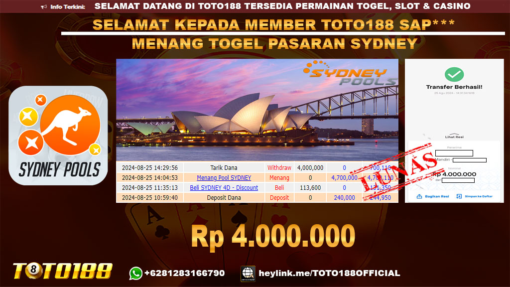 Bukti JP Kemenangan Togel Pasaran Sydney 25 Agust 24
