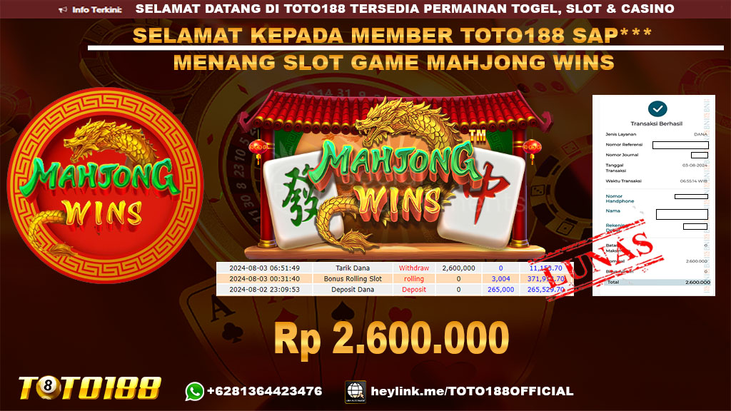 Bukti JP Kemenangan SLOT GAME MAHJONG WINS 03 agust 24