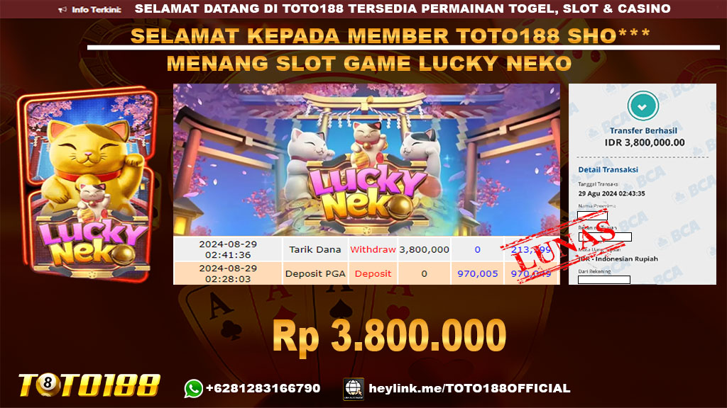 Bukti JP Kemenangan SLOT GAME LUCKY NEKO 29 agust 24