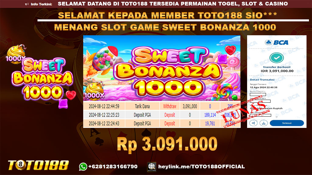 Bukti JP Kemenangan SLOT GAME SWEET BONANZA 1000 12 agust 2024
