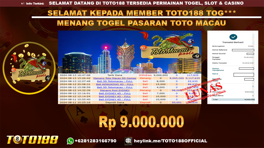 Bukti JP Kemenangan TOGEL PASARAN TOTO MACAU 13 Agust 24