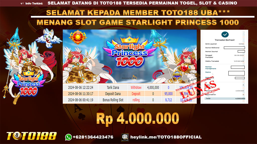 Bukti JP Kemenangan SLOT GAME STARLIGHT PRINCESS 1000 06 agust 24