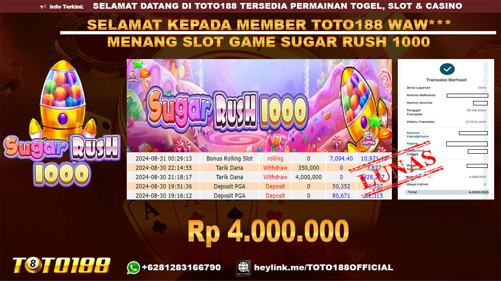 Bukti JP Kemenangan SLOT GAME SUGAR RUSH 1000 30 agust 24