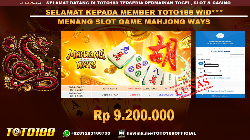 Bukti JP Kemenangan SLOT GAME MAHJONG WAYS 26 agust 24