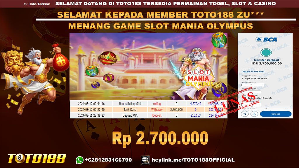 Bukti JP Kemenangan SLOT MANIA OLYMPUS 12 Agust 24