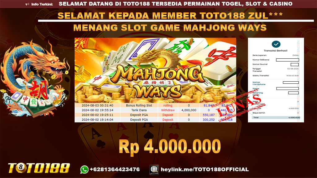 Bukti JP Kemenangan SLOT GAME MAHJONG WAYS 02 agust 24