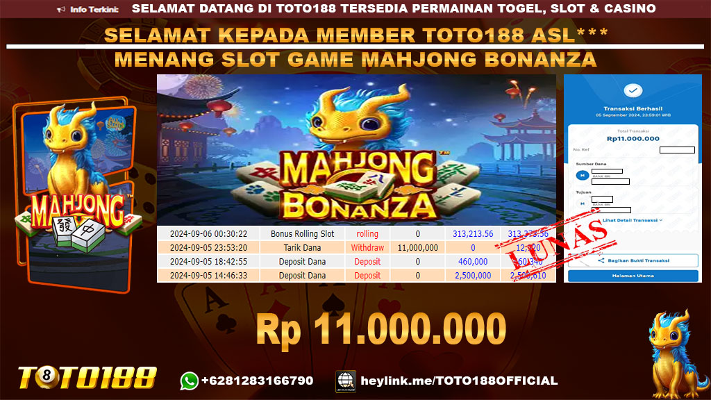 Bukti JP Kemenangan SLOT GAME MAHJONG BONANZA 05 SEP 24
