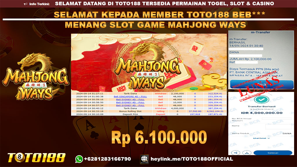 Bukti JP Kemenangan SLOT GAME MAHJONG WAYS 14 sept 24