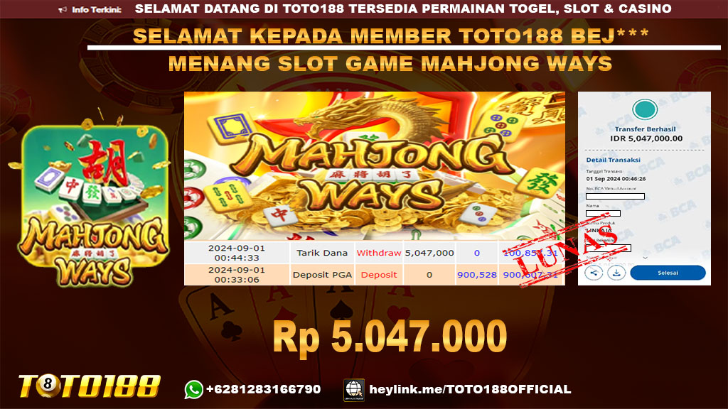 Bukti JP Kemenangan SLOT GAME MAHJONG WAYS 01 sept 24