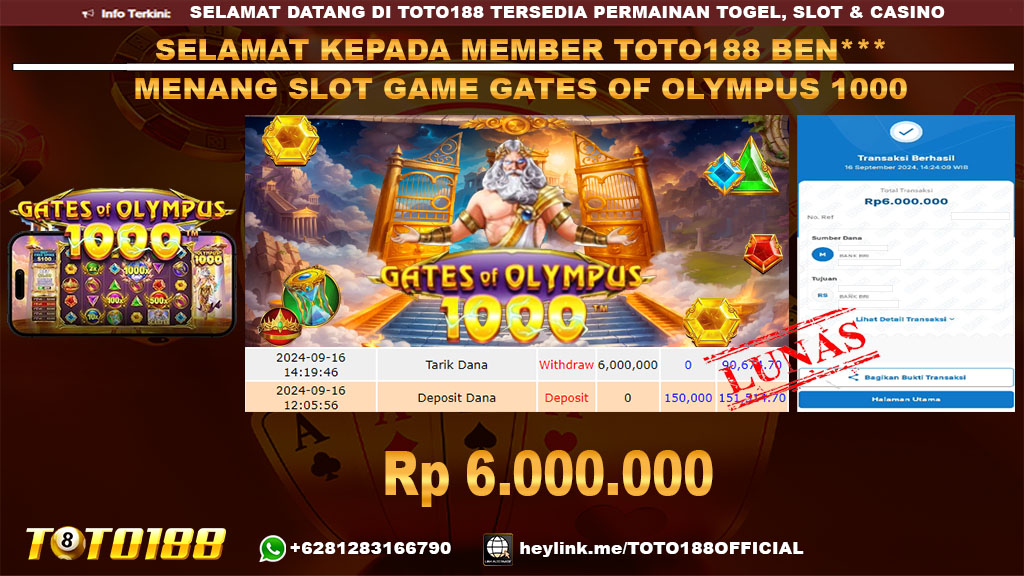 Bukti JP Kemenangan SLOT GAME GATES OF OLYMPUS 1000 16 SEP 24