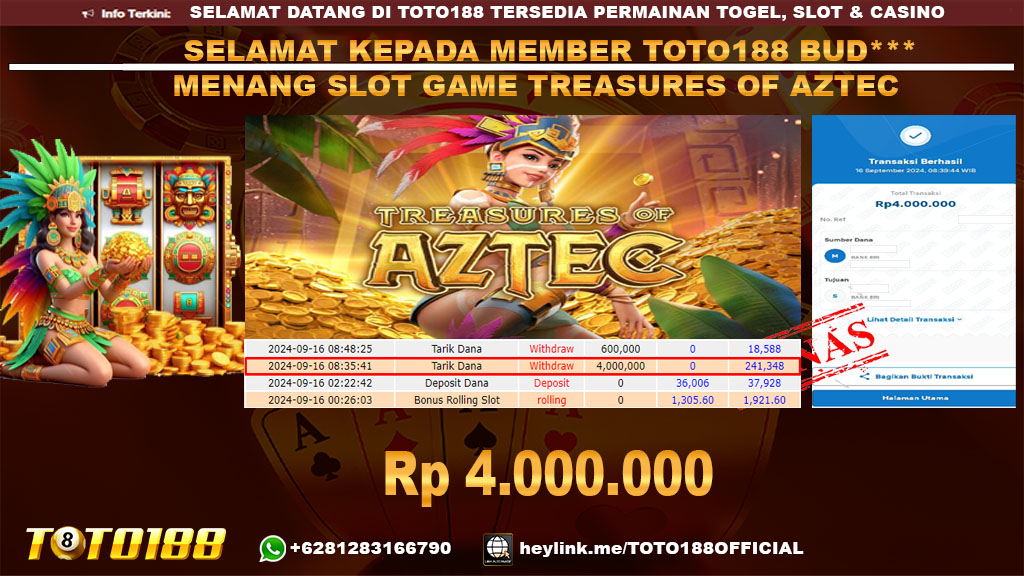 Bukti JP Kemenangan SLOT GAME TREASURES OF AZTEC 16 SEP 24