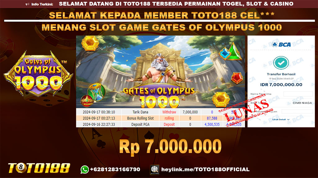 Bukti JP Kemenangan SLOT GAME GATES OF OLYMPUS 1000 17 SEP 24