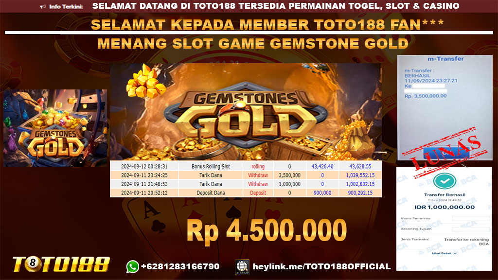 Bukti JP Kemenangan SLOT GAME GEMSTONES GOLD 11 Sept 24
