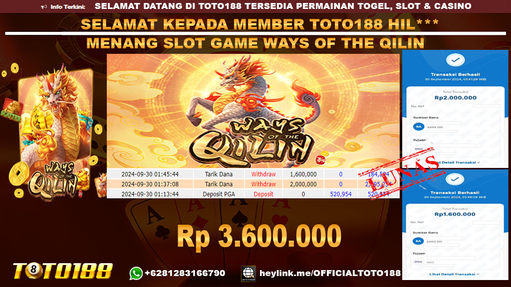 Bukti JP Kemenangan SLOT GAME WAYS OF QILIN 30 Sept 24