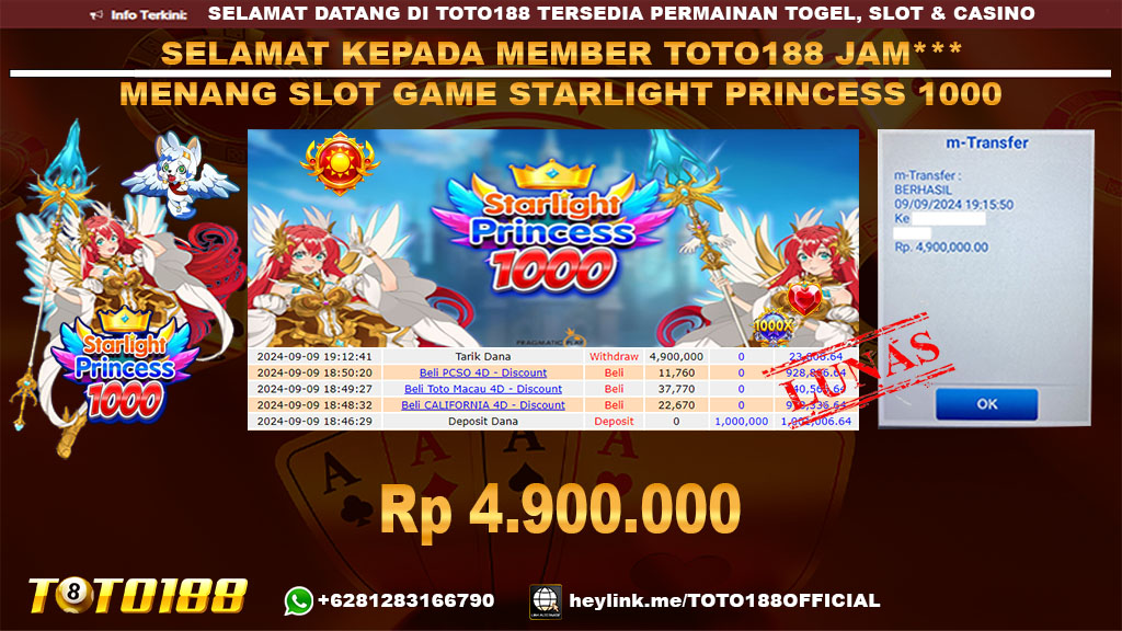 Bukti JP Kemenangan SLOT GAME STARLIGHT PRINCESS 1000 09 sept 24