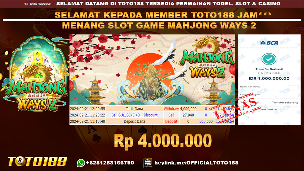 Bukti JP Kemenangan SLOT GAME MAHJONG WAYS2 21 SEP 24
