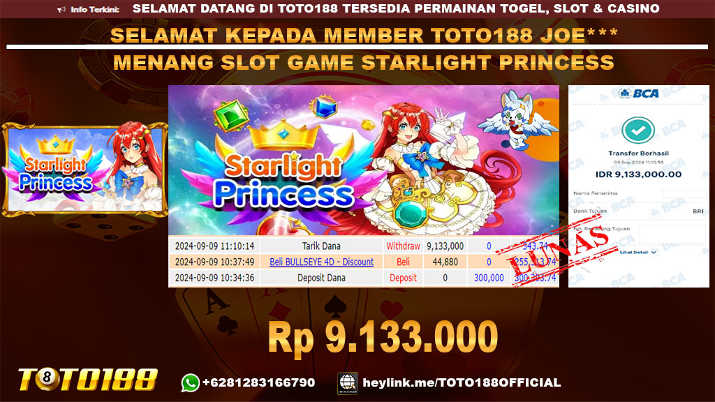 Bukti JP Kemenangan SLOT GAME STARLIGHT PRINCESS 09 sept 24