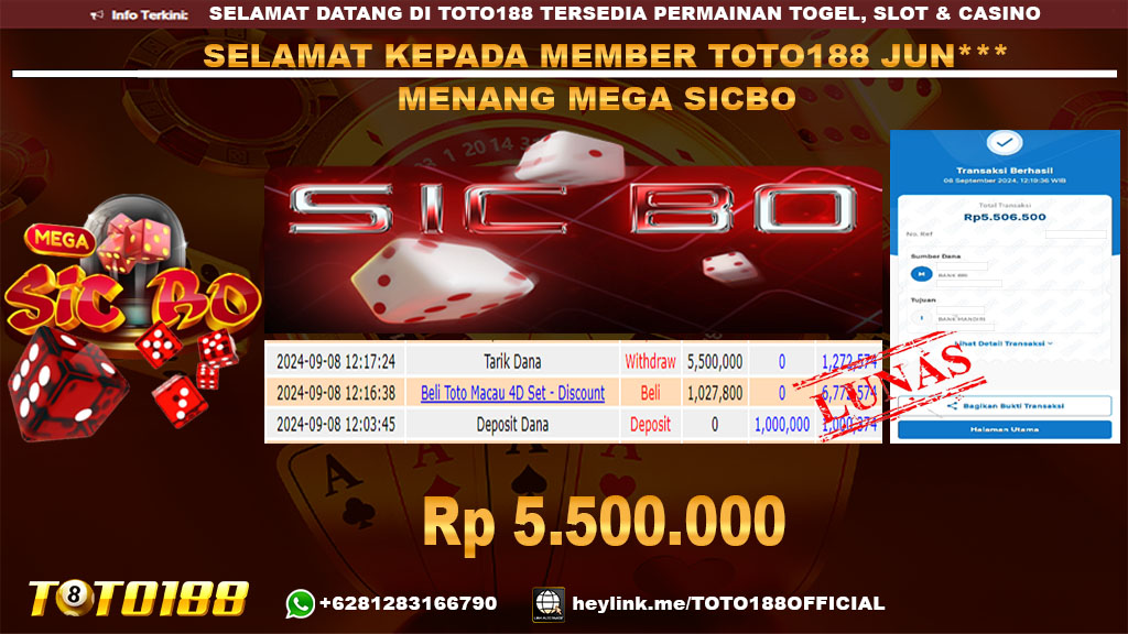 Bukti JP Kemenangan GAME MEGA SICBO 08 SEP 2024