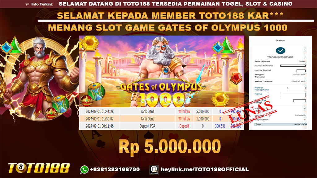 Bukti JP Kemenangan SLOT GAME GATES OF OLYMPUS 1000 01 Sept 24
