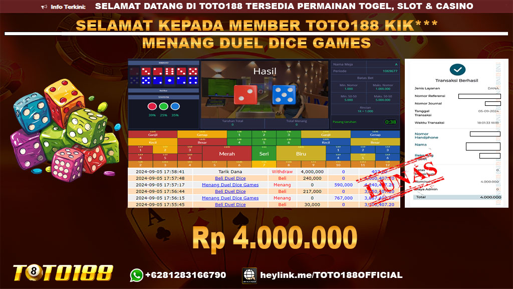 Bukti JP Kemenangan DUEL DICE GAMES 05 SEP 24