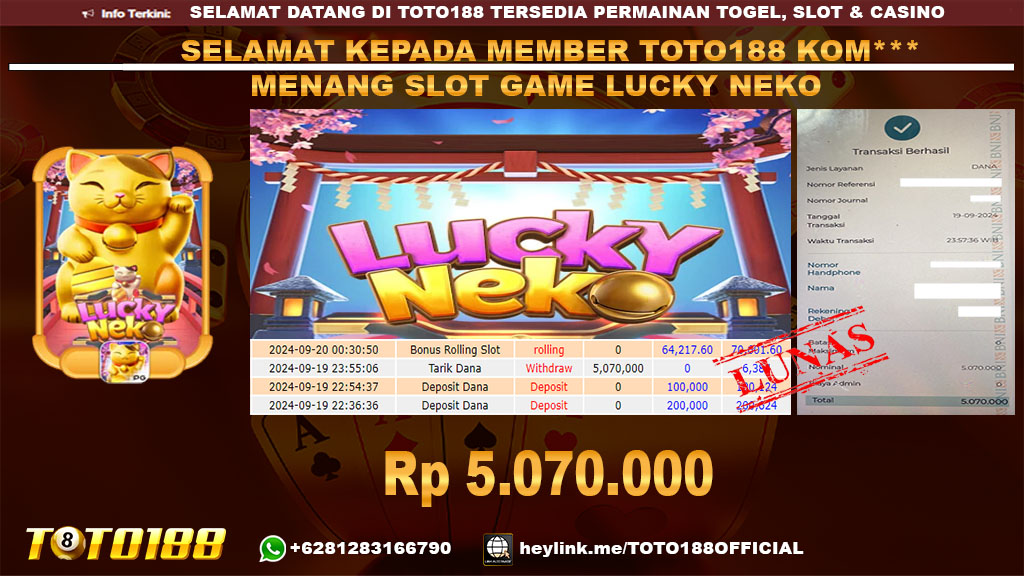 Bukti JP Kemenangan SLOT GAME LUCKY NEKO 19 SEP 24