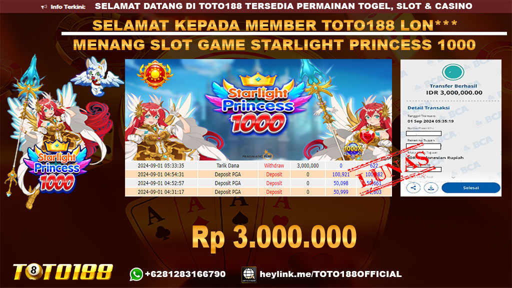 Bukti JP Kemenangan SLOT GAME STARLIGHT PRINCESS 1000 01 sept 24