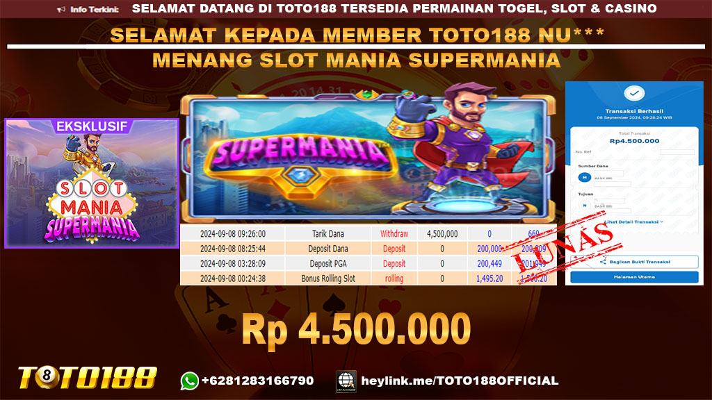 Bukti JP Kemenangan GAME SLOT MANIA SUPERMANIA 08 SEP 2024