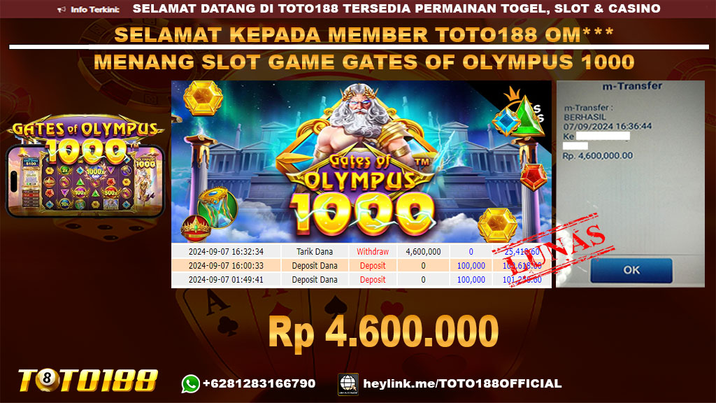 Bukti JP Kemenangan SLOT GAME GATES OF OLYMPUS 1000 07 SEP 24