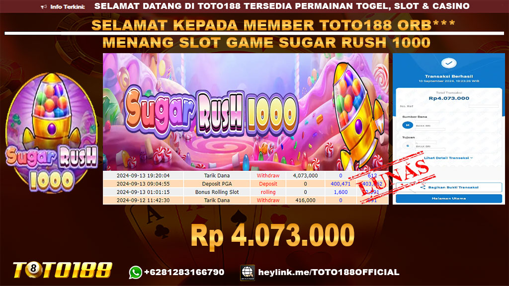 Bukti JP Kemenangan SLOT GAME SUGAR RUSH 1000 13 SEP 24