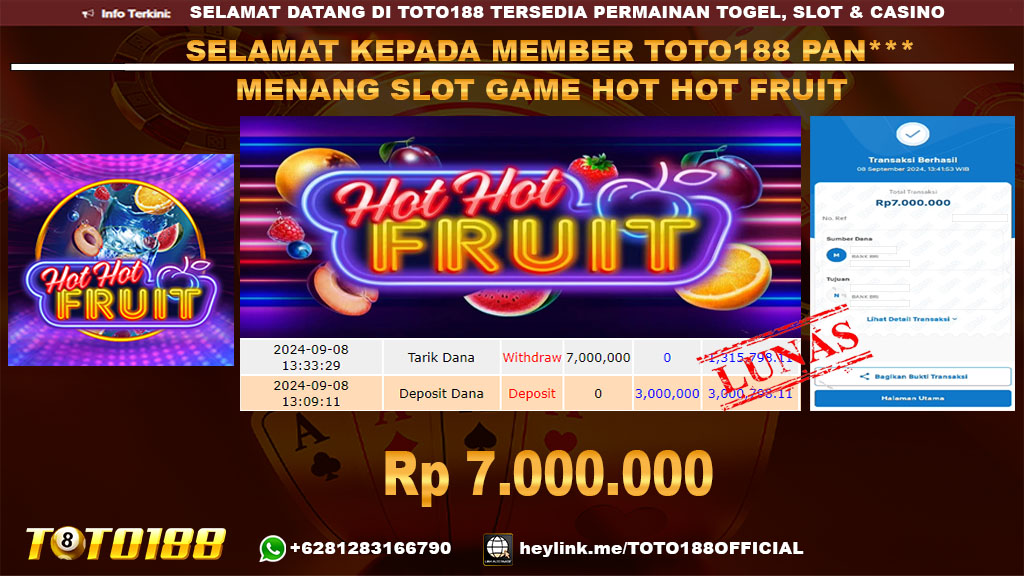 Bukti JP Kemenangan SLOT GAME HOT HOT FRUIT 08 SEP 2024