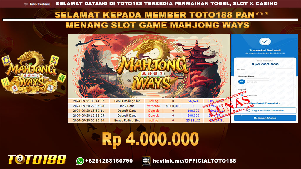 Bukti JP Kemenangan SLOT GAME MAHJONG WAYS 20 sept 24