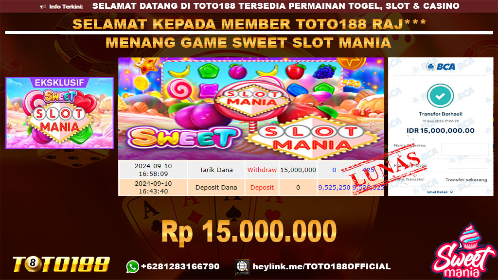 Bukti jp kemenangan game SWEET SLOT MANIA 10 SEP 2024