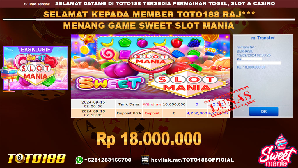 Bukti jp kemenangan game SWEET SLOT MANIA 15 SEP 2024