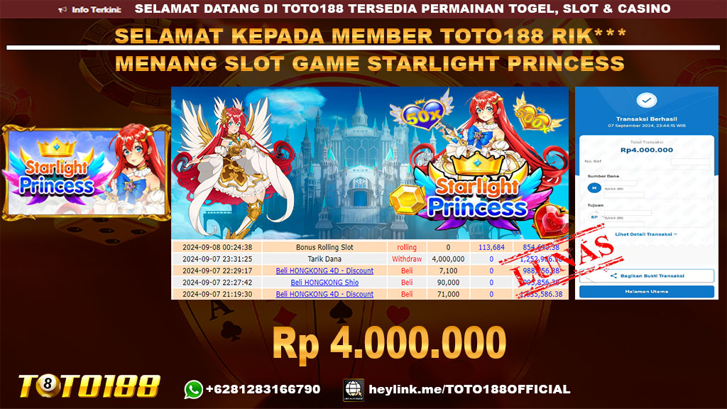 Bukti JP Kemenangan SLOT GAME STARLIGHT PRINCESS 07 sept 24
