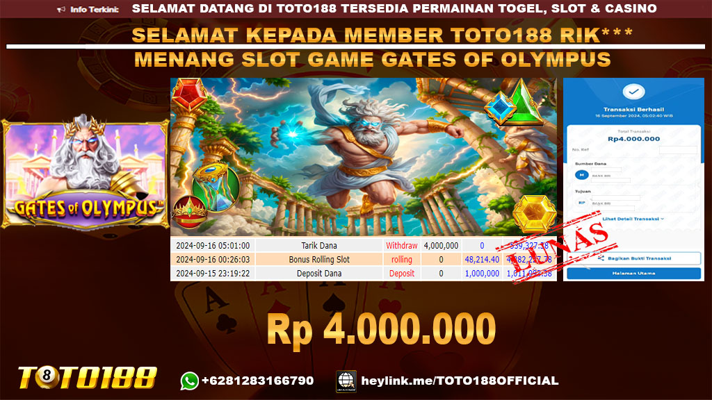 Bukti JP Kemenangan SLOT GAME GATES OF OLYMPUS 16 SEP 24