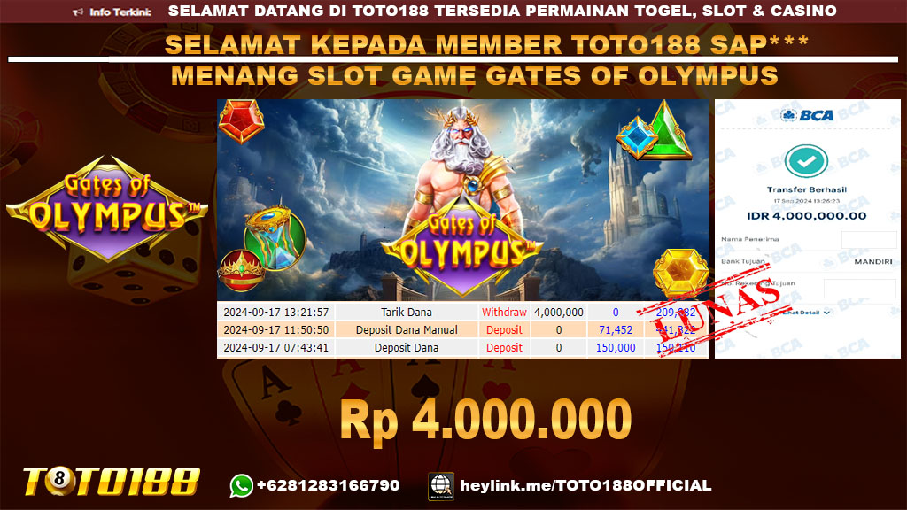 Bukti JP Kemenangan SLOT GAME GATES OF OLYMPUS 17 SEP 24