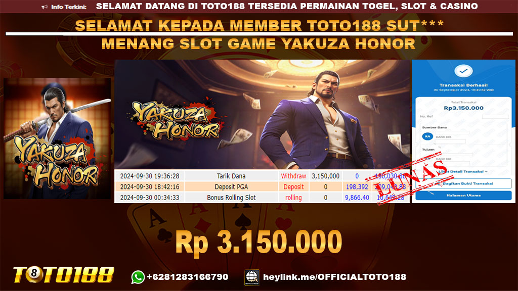 Bukti JP Kemenangan SLOT GAME YAKUZA HONOR 30 sept 24