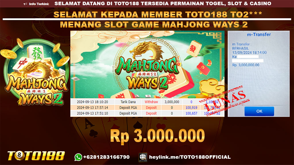 Bukti JP Kemenangan SLOT GAME MAHJONG WAYS 2 13 SEP 24