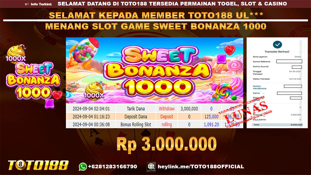Bukti JP Kemenangan SLOT GAME SWEET BONANZA 1000 04 SEP 2024