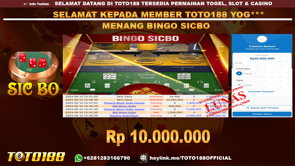 Bukti JP Kemenangan GAME BINGO SICBO 15 SEP 2024