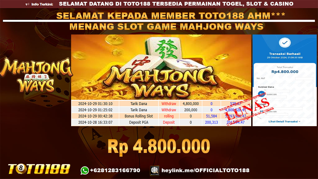 Bukti JP Kemenangan SLOT GAME MAHJONG WAYS 29 OKT 24