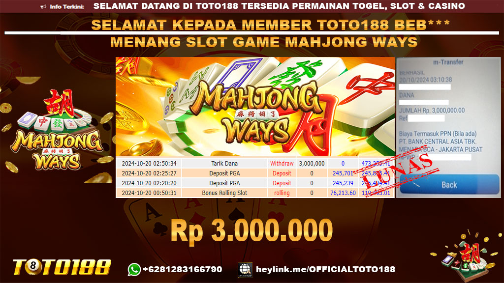 Bukti JP Kemenangan SLOT GAME MAHJONG WAYS 20 OKT 24